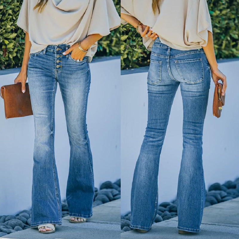 High-Waisted Multi-Button Elastic Retro Flared Women's Jeans