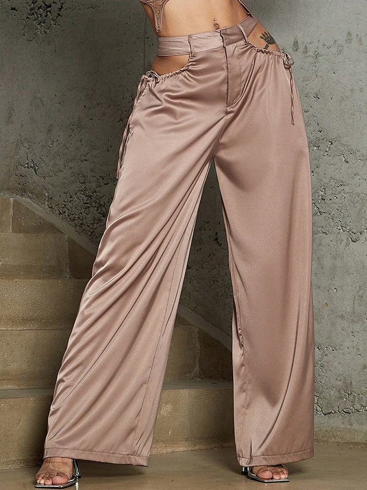 Peekaboo Cord-Tie, Women's High Waist Satin Straight Pants