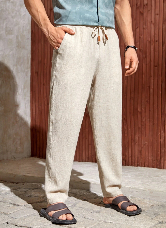 Vireous Men's Casual Cotton and Linen Drawstring Trousers