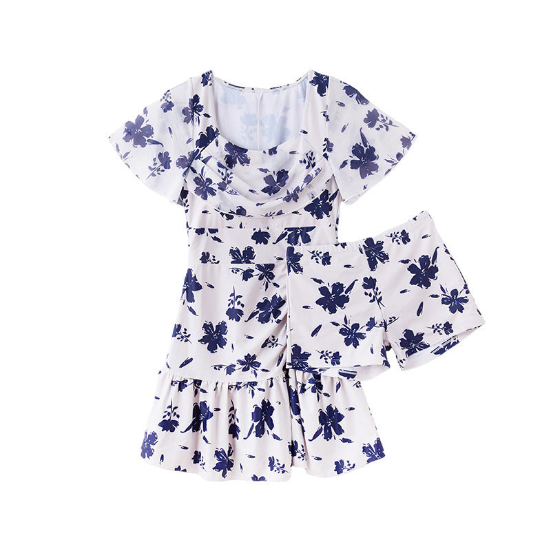 Women's Fashion Ruched Short Sleeve Swimming Dress with Under Shorts