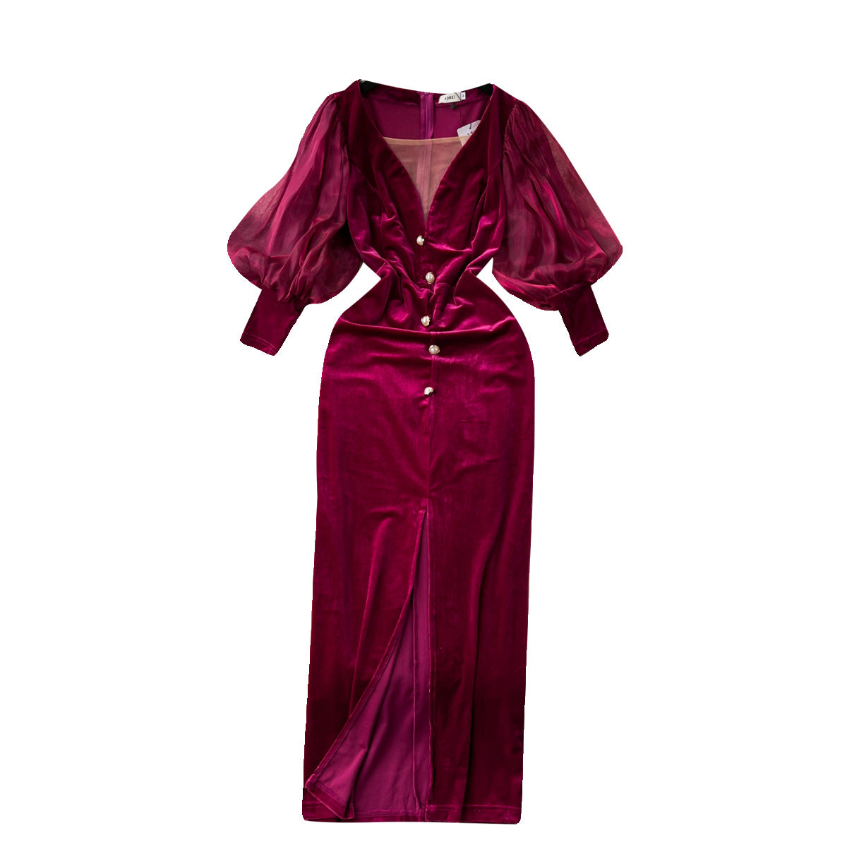 Vireous Vintage Velvet Dress, Lantern Sleeves Court-Style Midi Dress