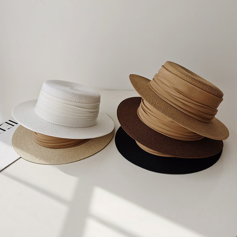 Flat Straw Hat, Women's French Woven 'Top Hat', Seaside Summer Travel Brimmed Hat