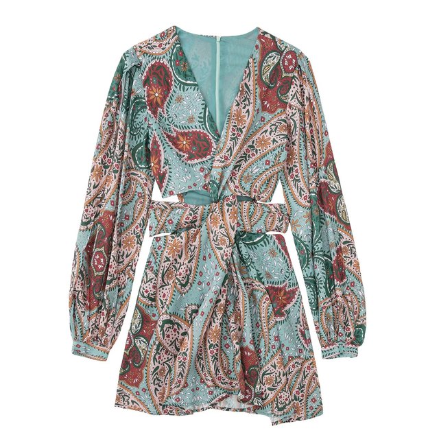 Zevity® Women's Vintage V-Neck Tie-Dyed Print Breasted Casual Slim Mini Shirt Dress