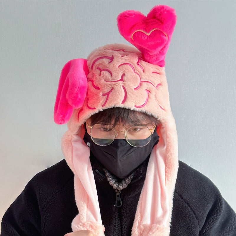Brain Design Plush Hand Bag and Hat with Movable 'Love' Ears Two-Piece