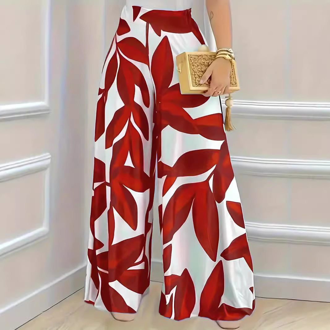 Vireous Organic Print High-Waist Fashion Comfortable Wide-Leg Pants