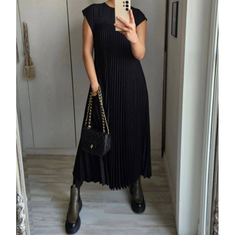 Vireous Sleeveless Pleated Long Dress Round Neck, Multi Colours