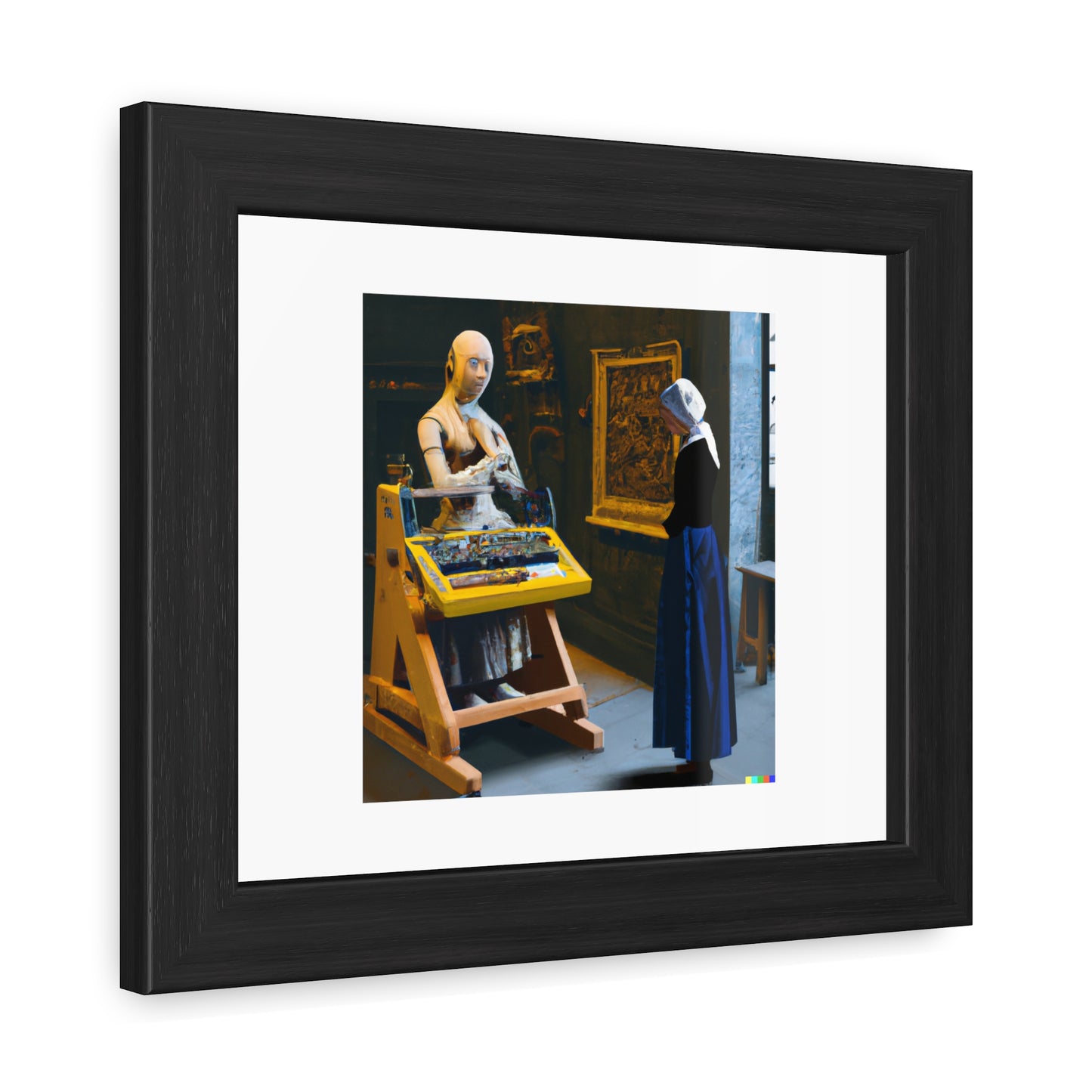 Young Woman Standing At A Virginal With A Robot Machine In The Style Of Johannes Vermeer 'Designed by AI' Wooden Framed Print