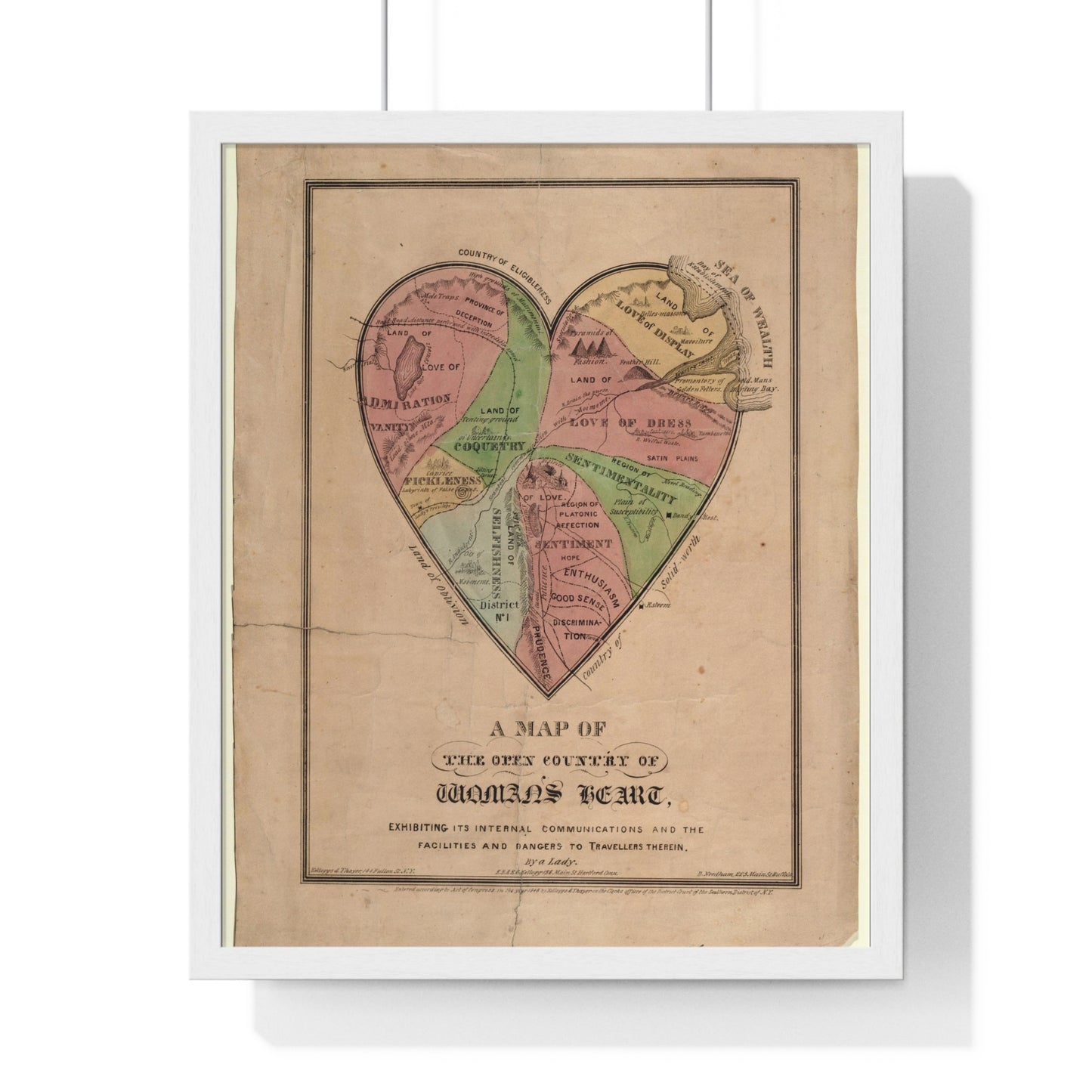 A Map of the Open Country of Woman's Heart (1833-1842) from the Original, Framed Art Print
