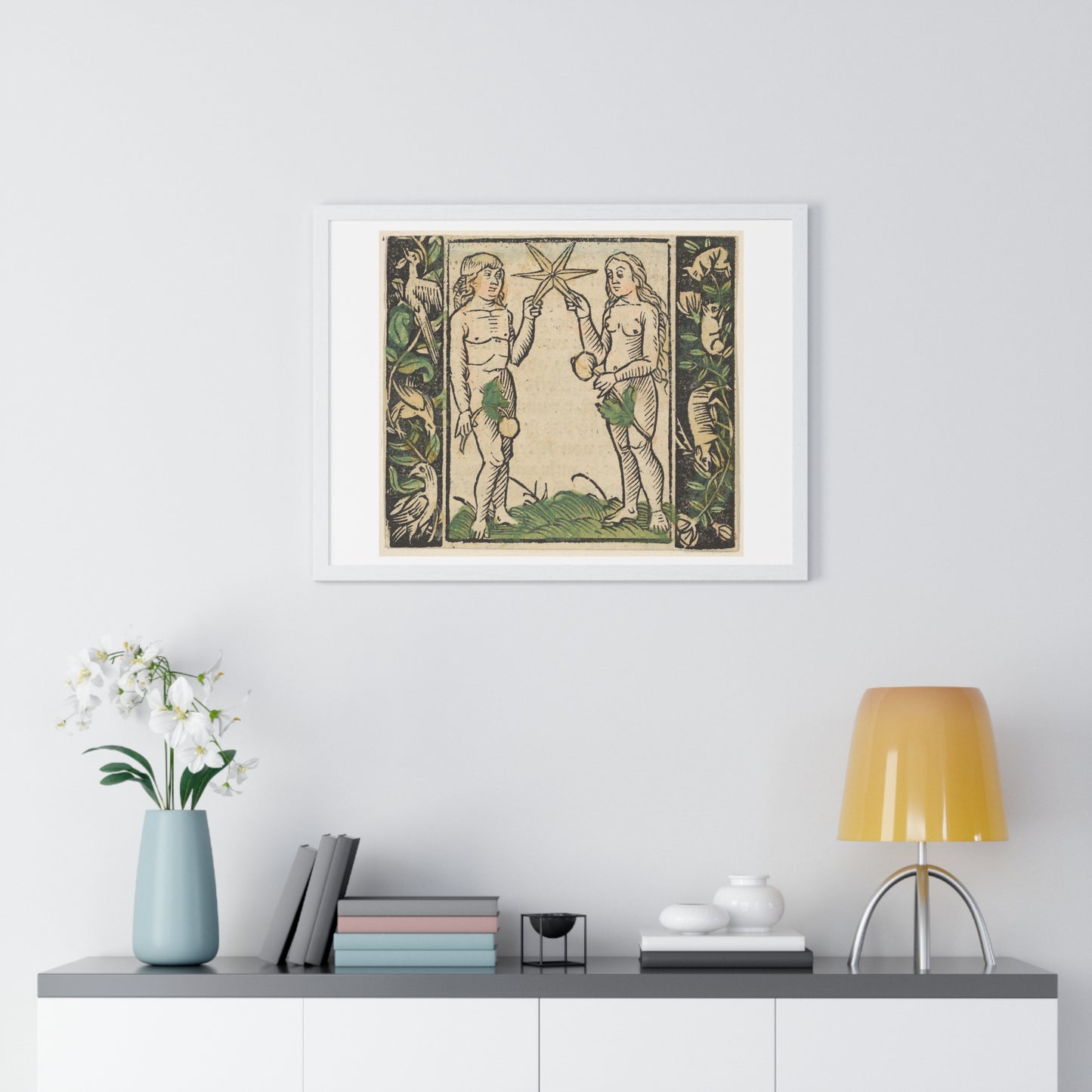 Adam and Eve Holding a Star, Illustration from 'Beschlossen Gart des Rosenkranz Mariae' by Hans Baldung, from the Original, Framed Art Print