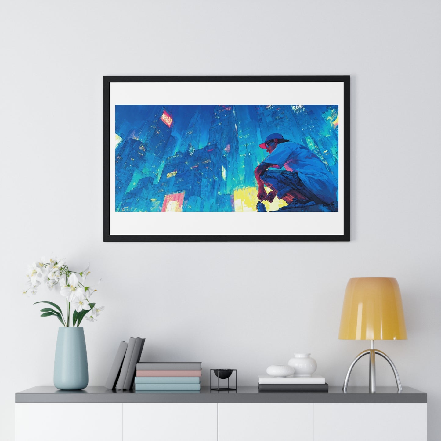 Cosmic Cityscape at Sunset 'Designed by AI', Framed Art Print