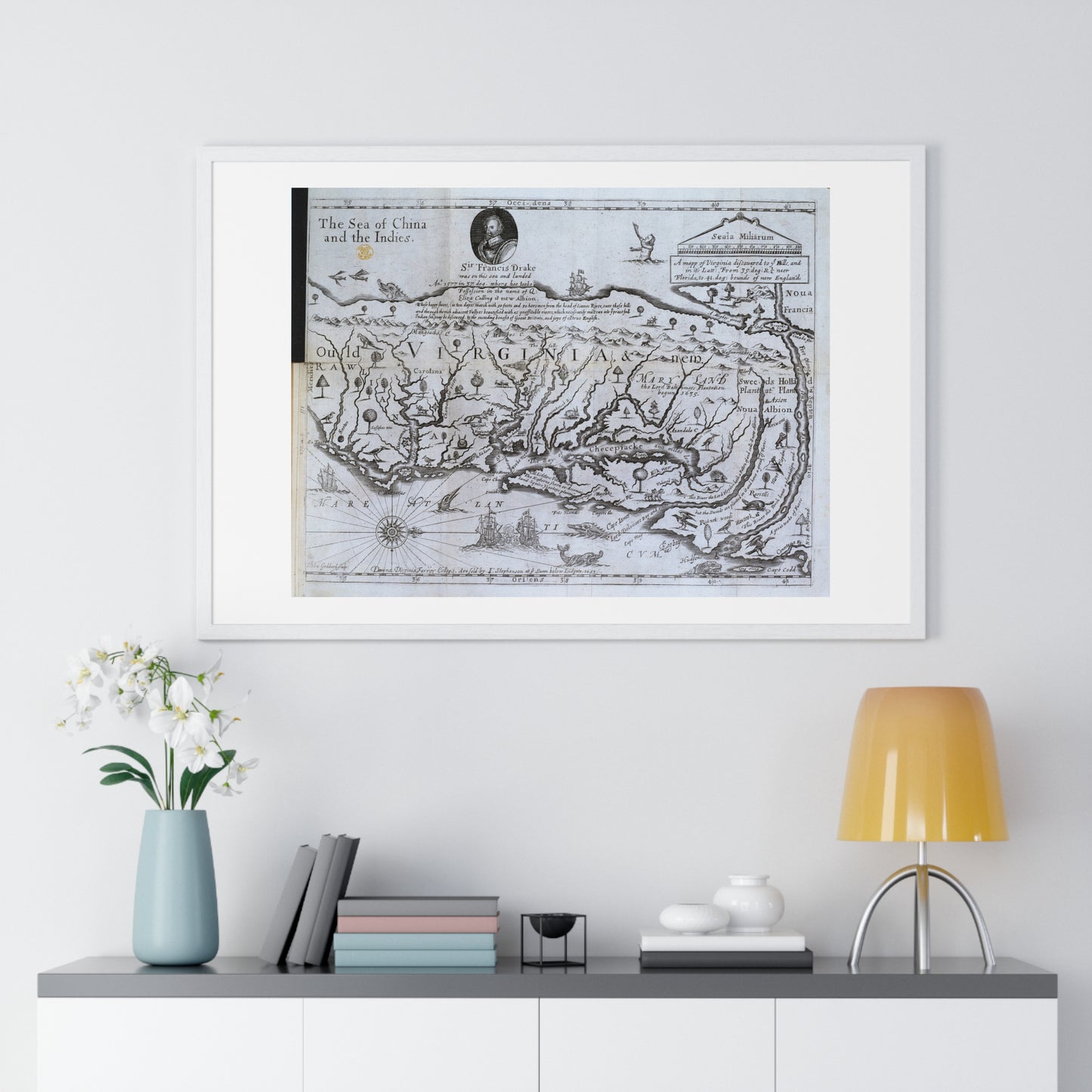 Antique Map of Virginia 'The Discovery of New Brittaine' (1651) from the Original Drake Manuscript, Framed Print