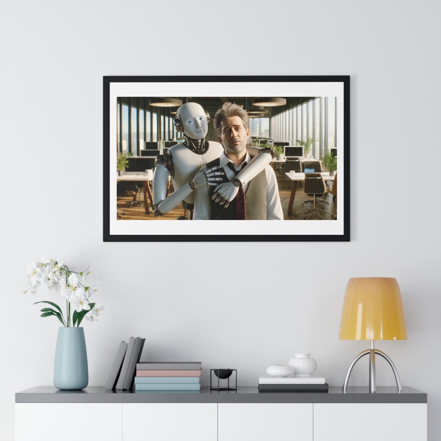 Having a Heart to Heart with your AI Creation, Office Art 'Designed by AI' Framed Print