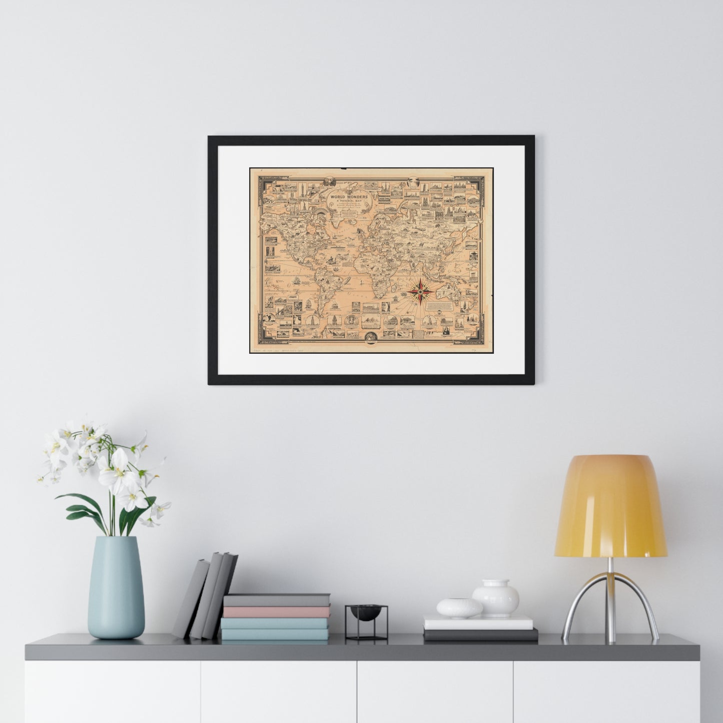 World Wonders, Pictorial Map of the World (1939) by Ernest Dudley Chase, from the Original, Framed Art Print