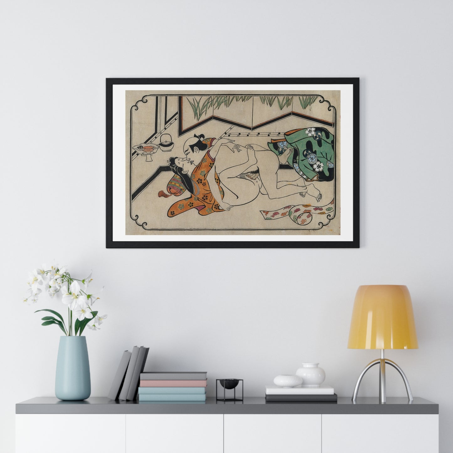 Middle-Aged Couple Making Love, Coloured Reproduction of a Woodcut by Moronobu (1680s) Framed Art Print