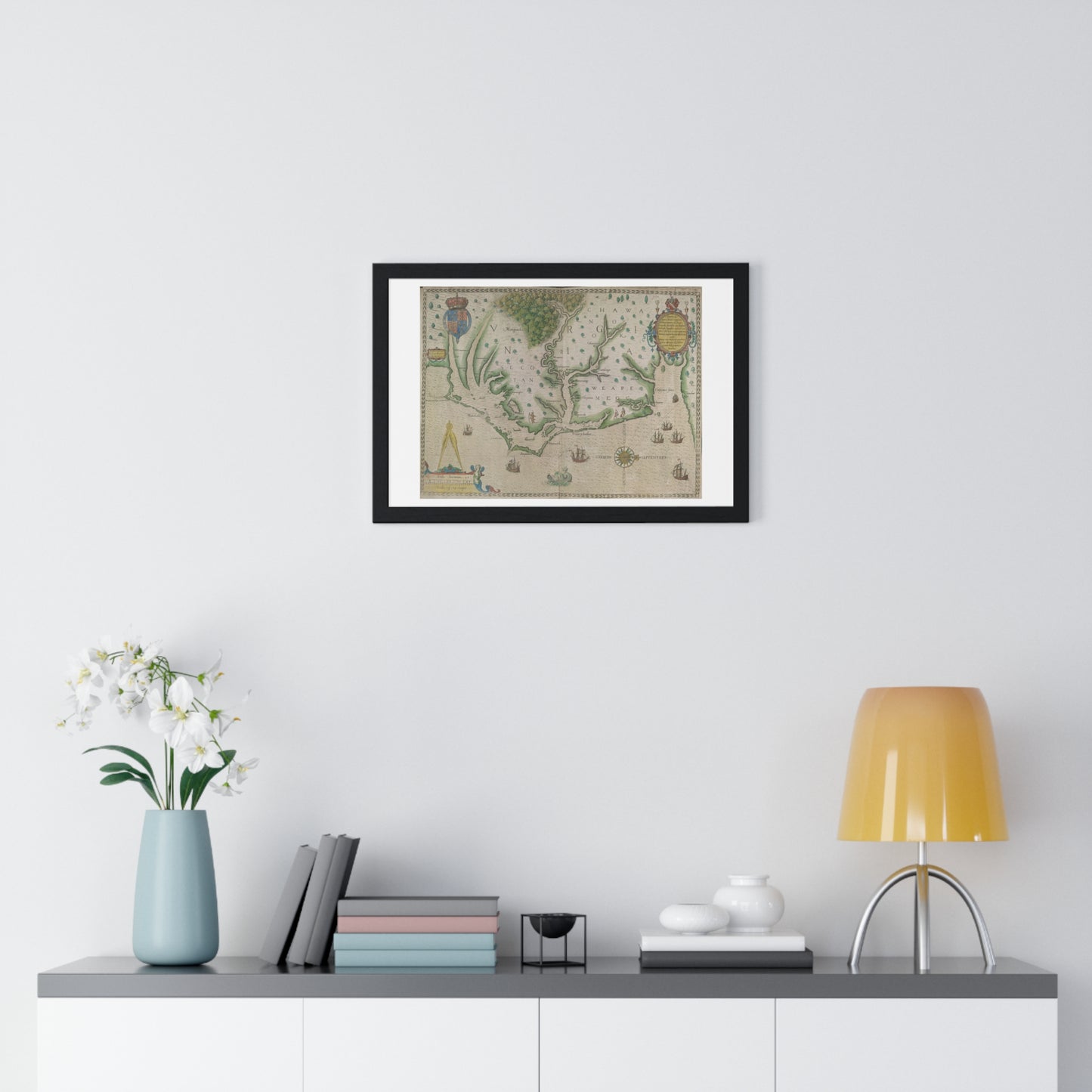 Engraved Map of Virginia (1618) Showing the Arrival of Sir Walter Raleigh's Expedition, from the Original, Framed Print
