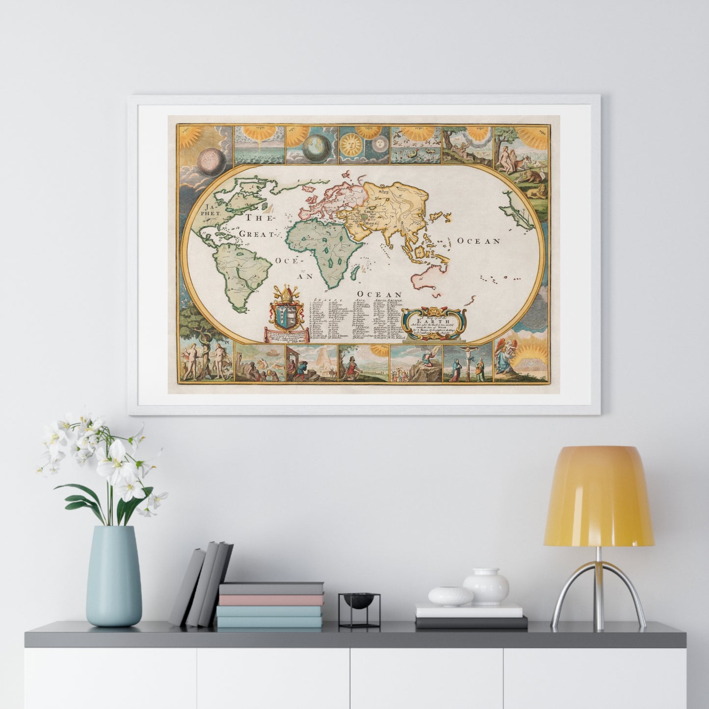 Map of all the Earth after the Flood (1671) by Joseph Moxon, from the Original, Framed Art Print