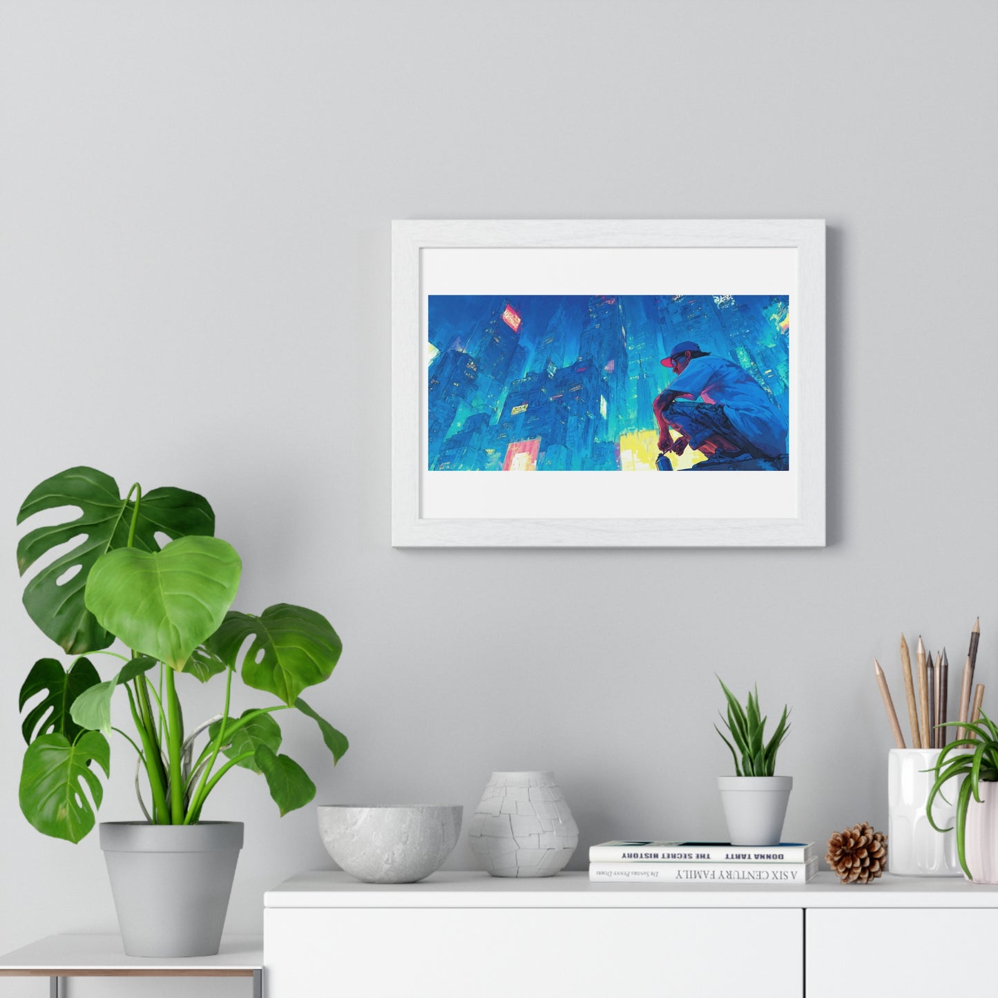Cosmic Cityscape at Sunset 'Designed by AI', Framed Art Print