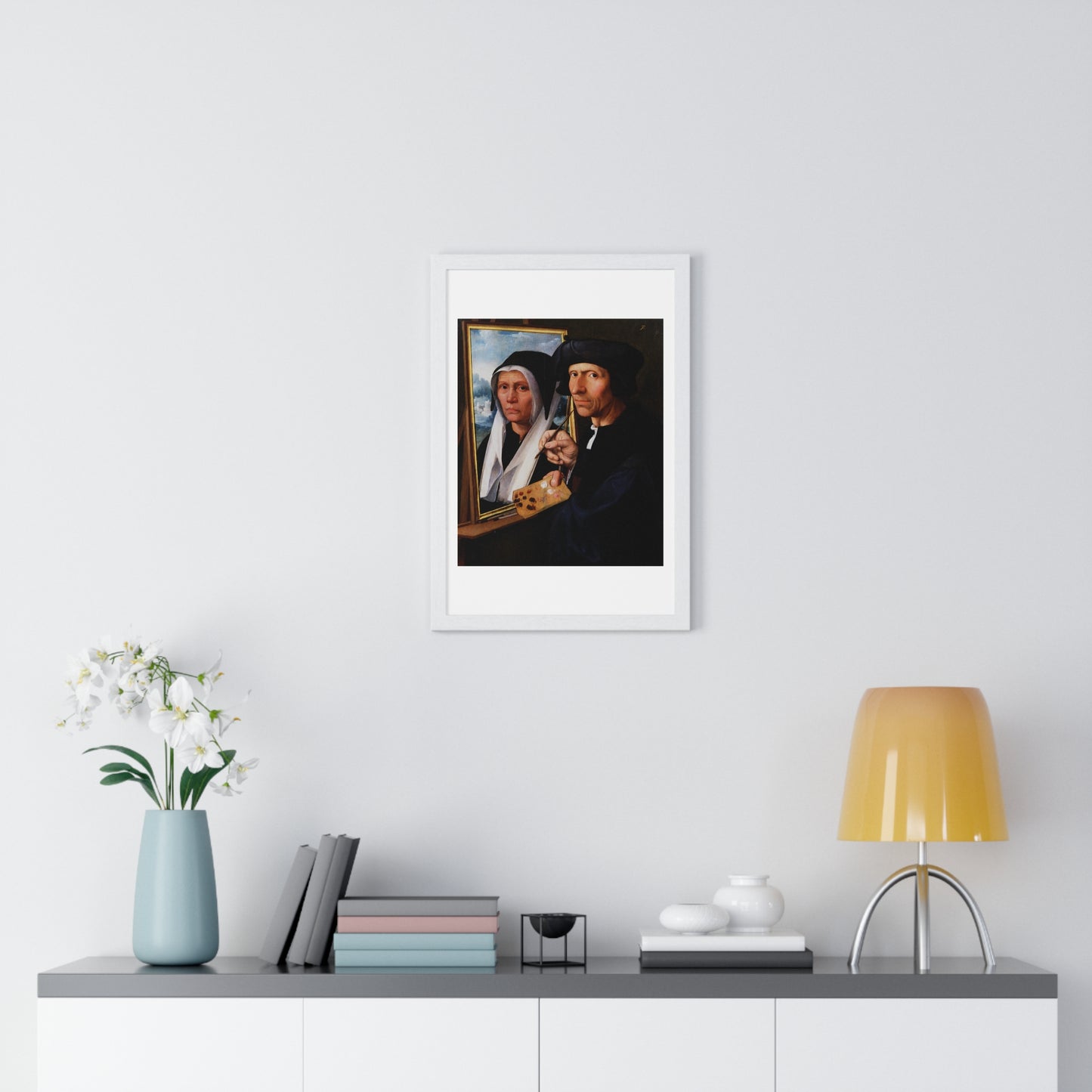 Jacob Cornelisz van Oostsanen Painting a Portrait of His Wife (circa 1550) by Dirck Jacobsz, from the Original, Framed Print