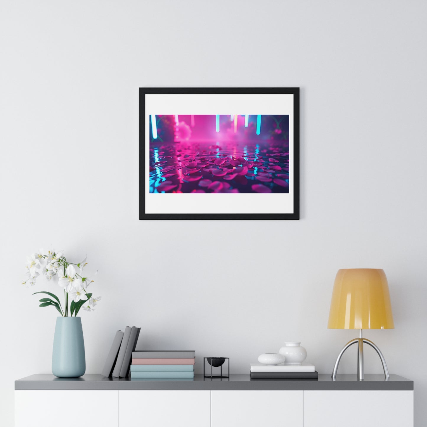 Petals on the Water, Pink Vibrant Art 'Designed by AI' Framed Print