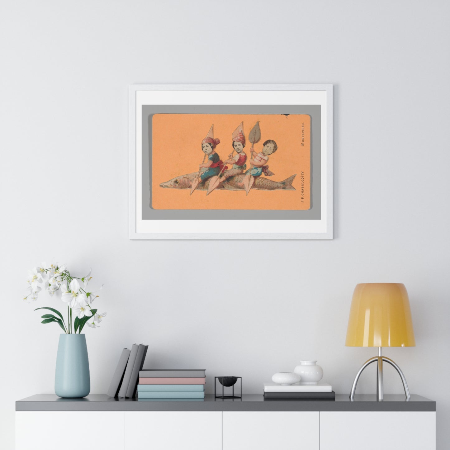 Uruguayan Photo Collage, Three People Holding Oars, Sitting on a Large Fish (circa 1875) Framed Art Print