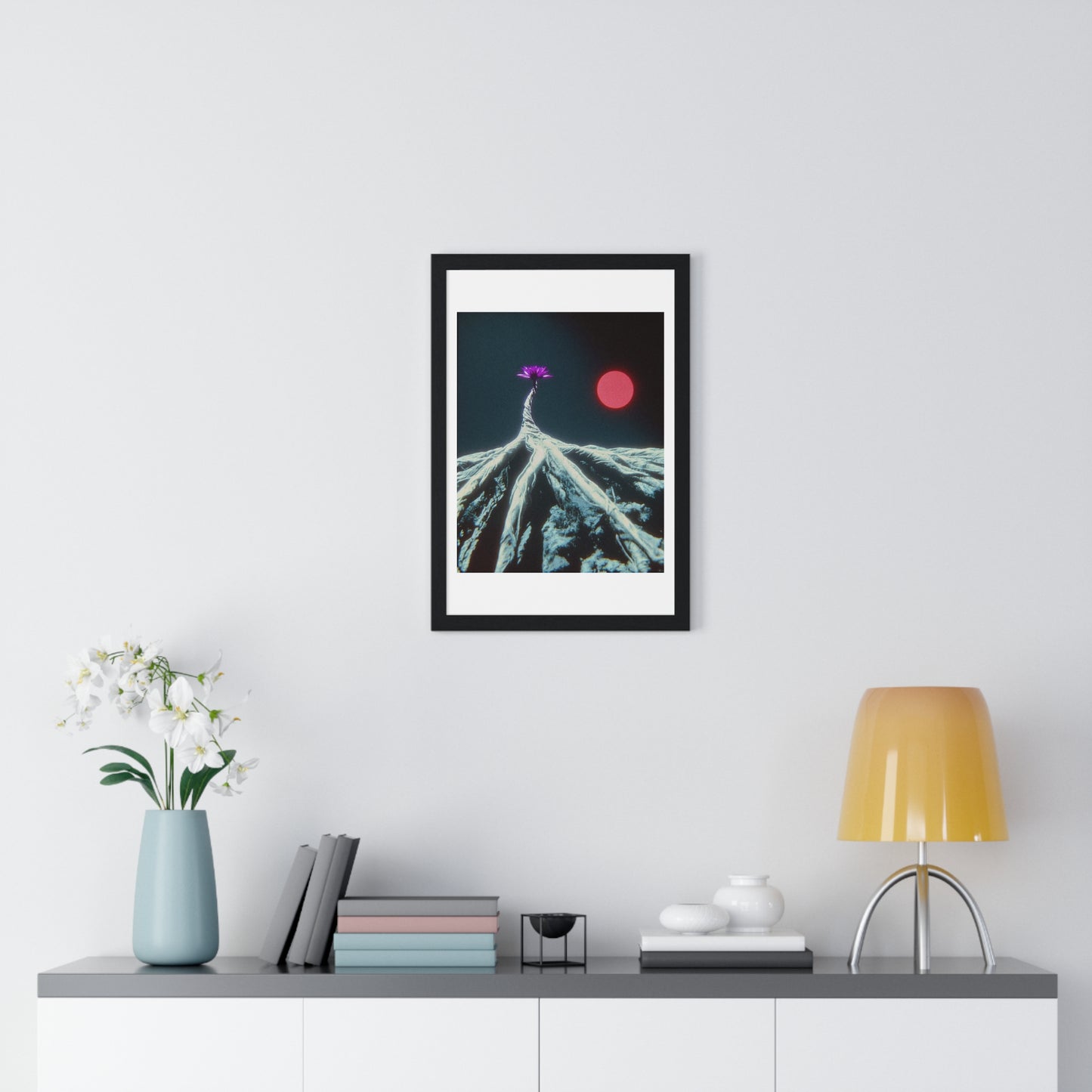 One Purple Flower Growing From Frozen Tundra Against a Red Sun 'Designed by AI' Framed Art Print