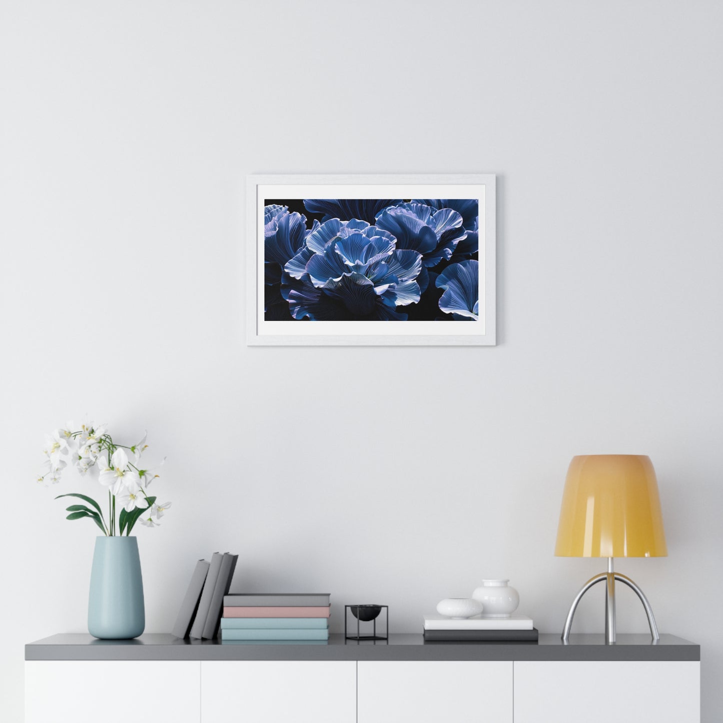 Iris Petals, Blue Vibrant Art 'Designed by AI' Framed Print