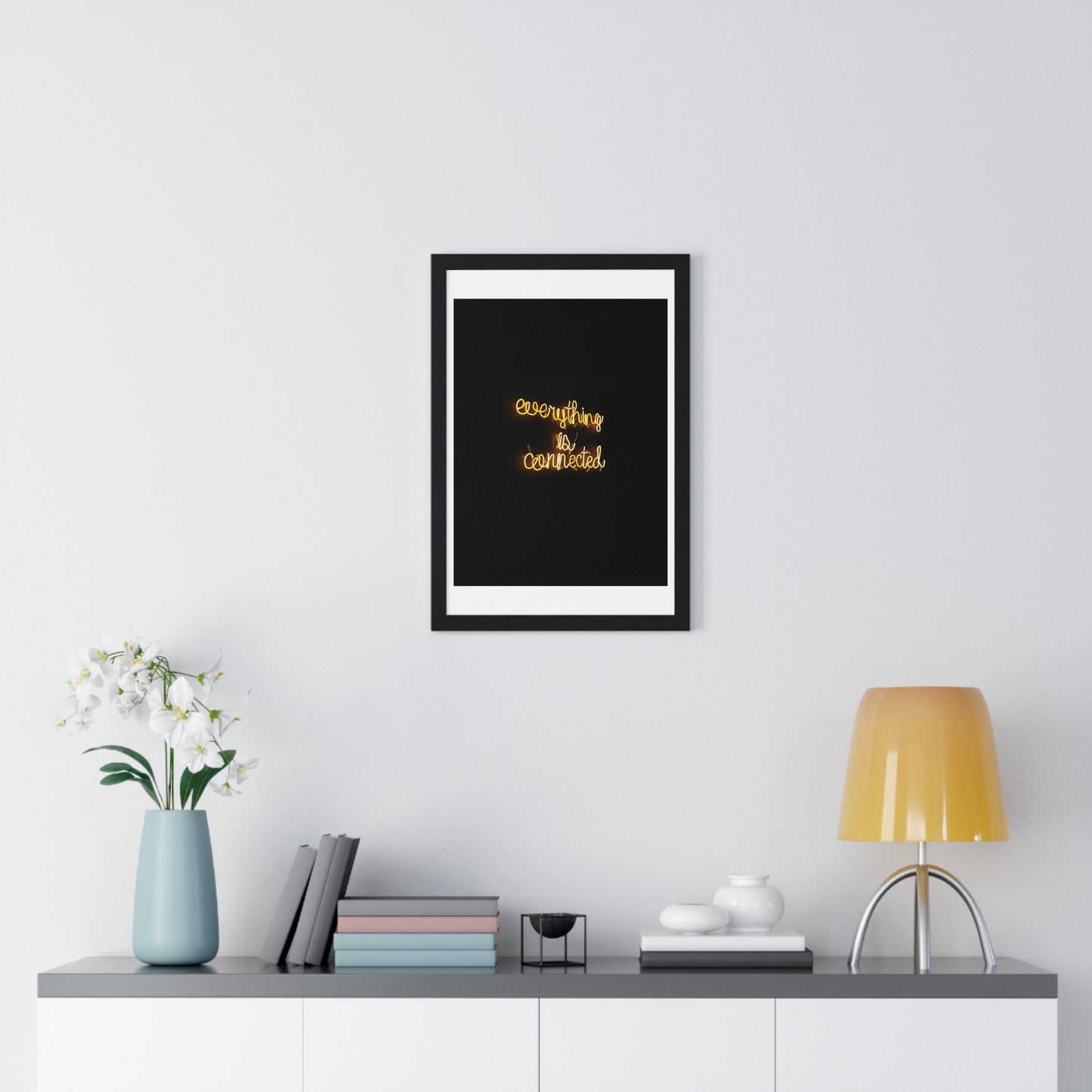 Everything is Connected Neon Sign, Wooden Framed Art Print
