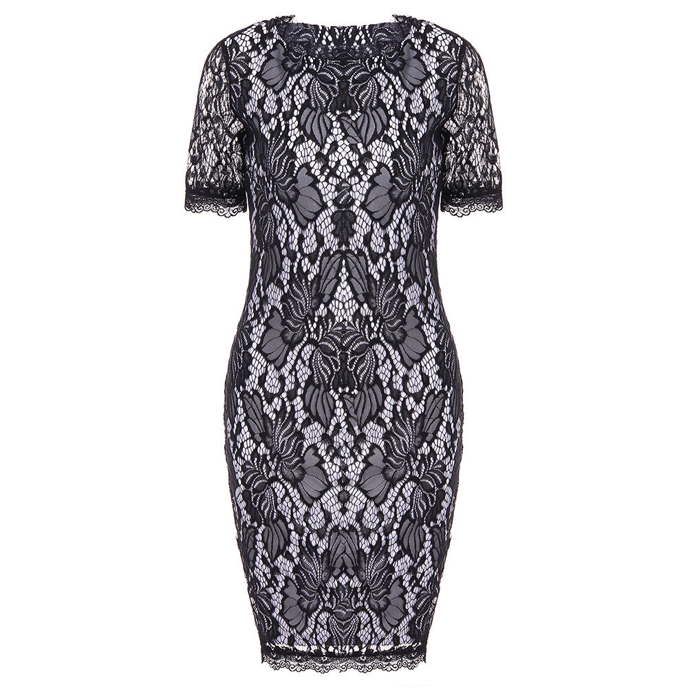Vireous Floral Lace Overlay Sheer Half-Sleeve Dress