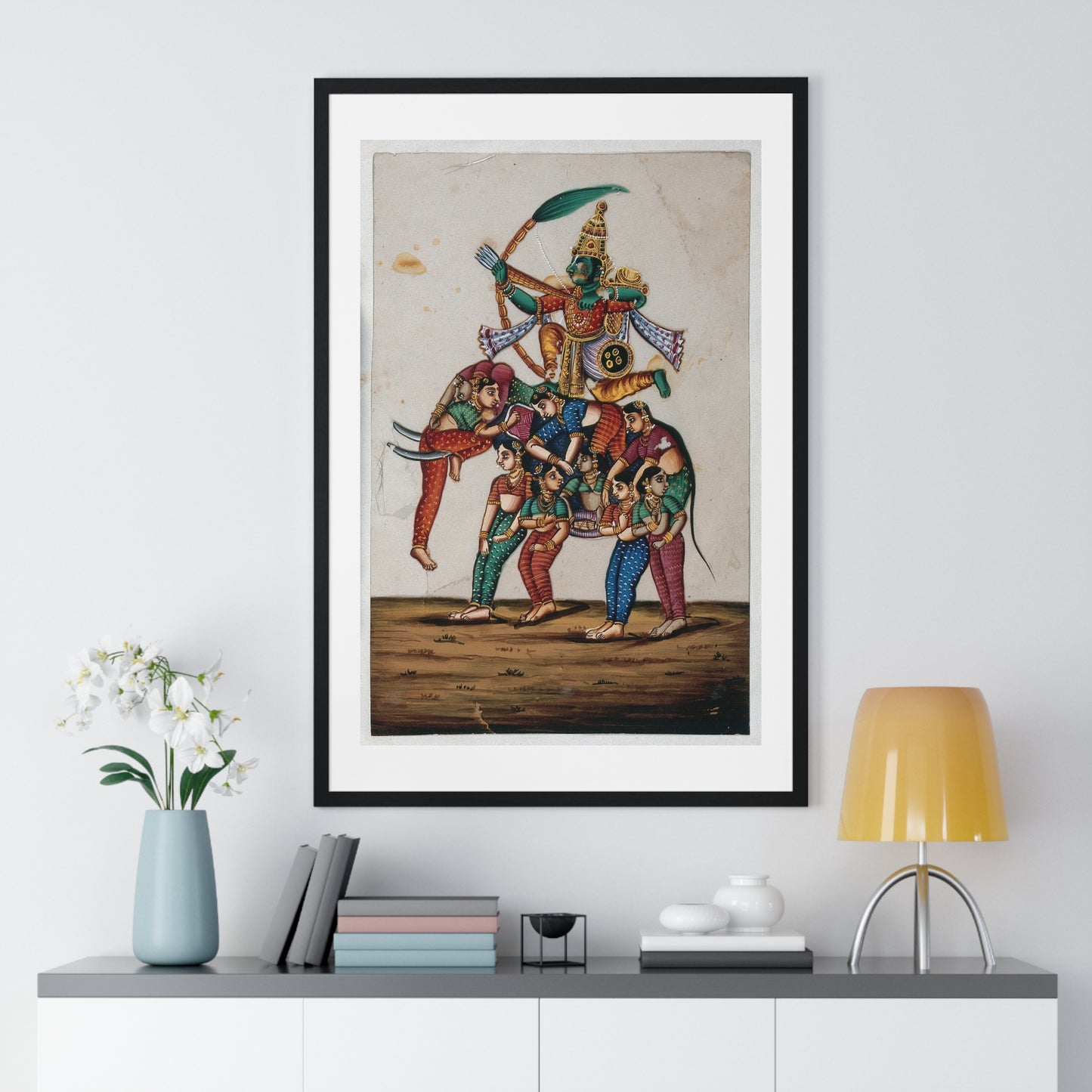 19th Century Indian Art, Hindu God of Love, Shooting Arrows with his Bow while Sitting on a Elephant Composed of Women, Framed Print