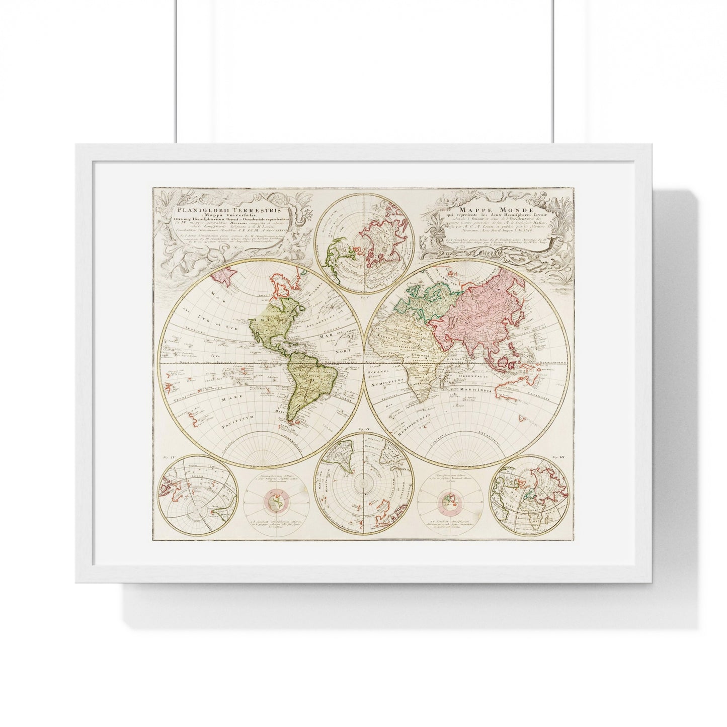 Antique Map of the World, Planiglobii Terrestris, Mappa Universalis (1746) by Johann Baptist, from the Original, Framed Art Print