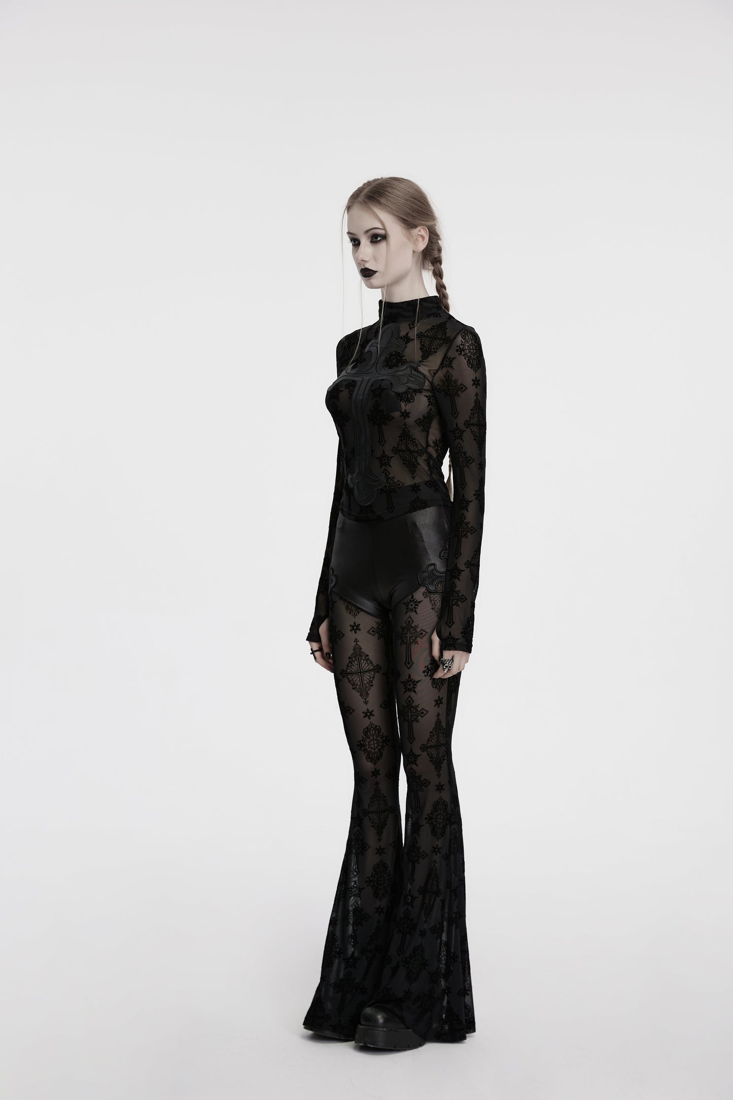 Punk Rave Morrigan Cross-Embroidered Mesh Top