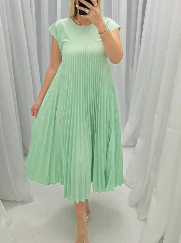 Vireous Sleeveless Pleated Long Dress Round Neck, Multi Colours