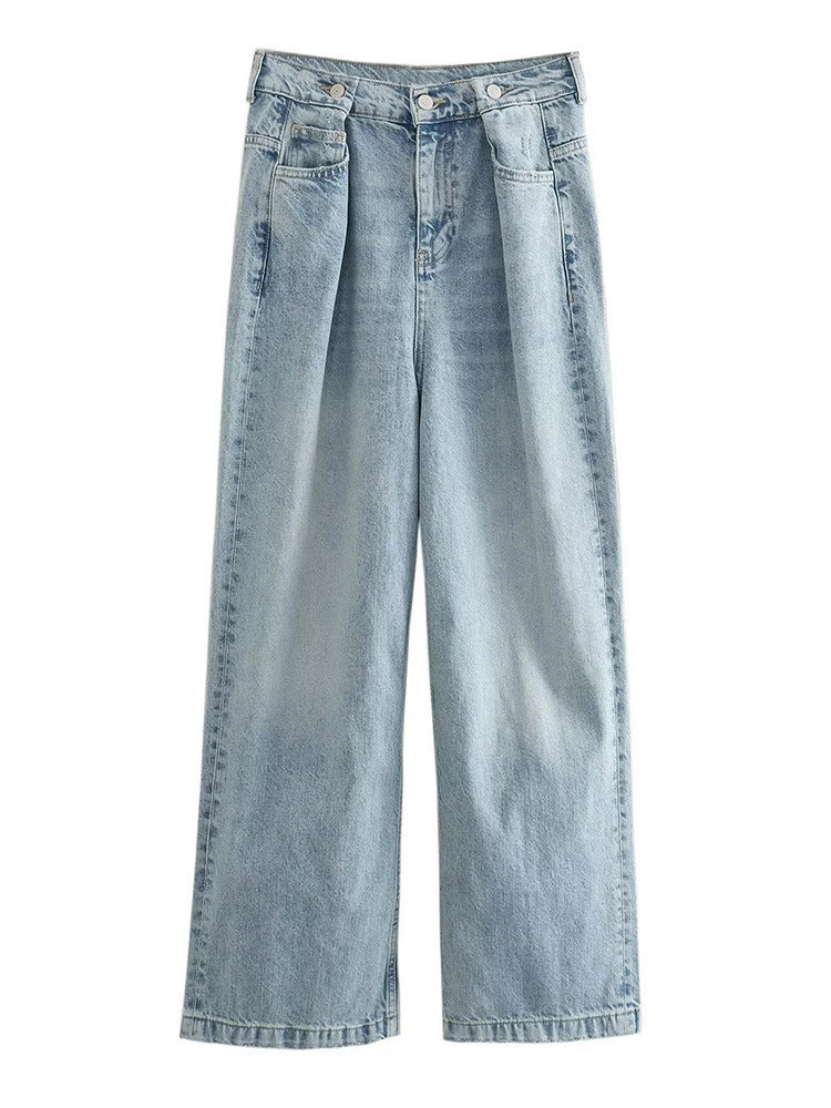 Retro Collar Women's Denim Jacket Coat Set with Pants