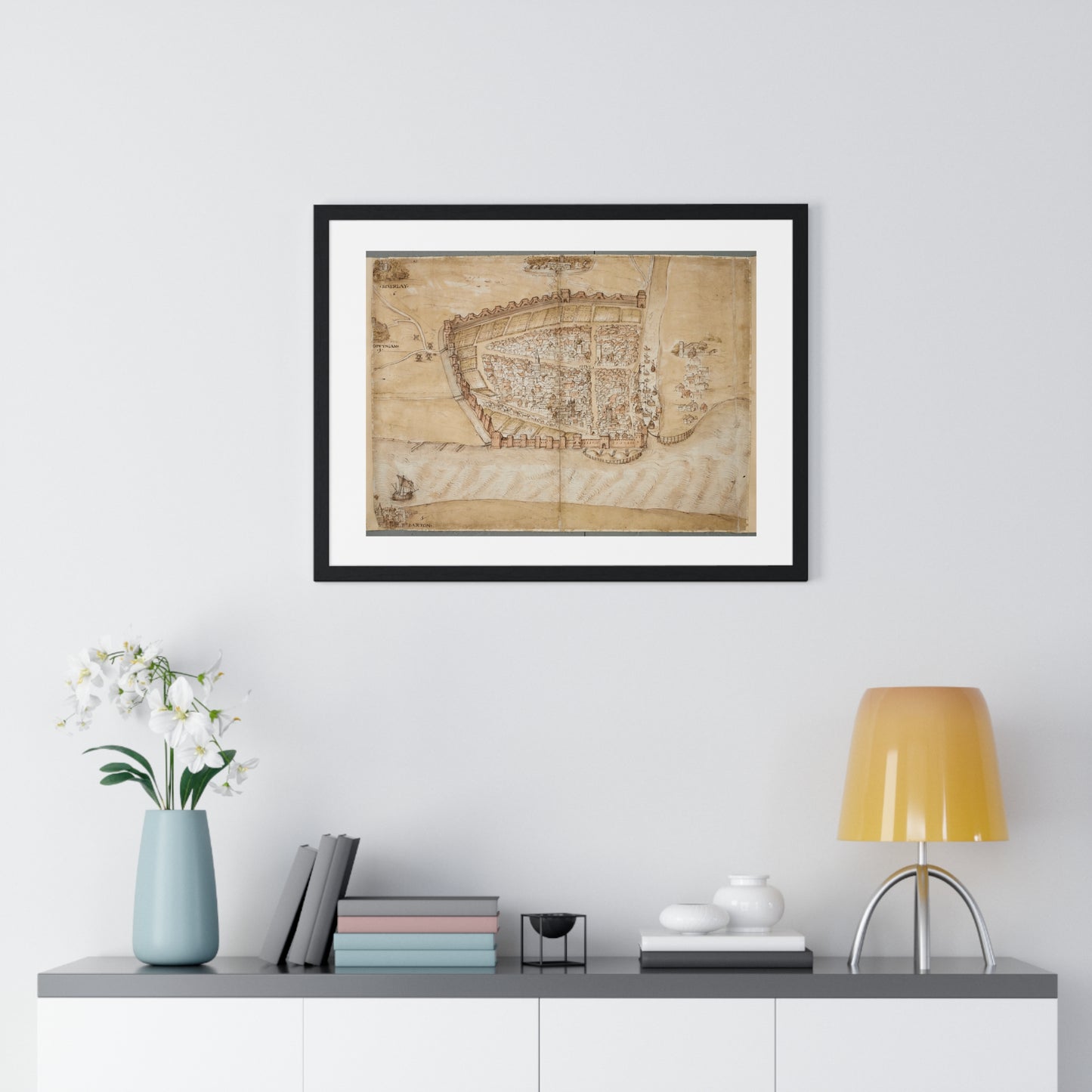 Antique Map of the City of Hull (circa 1539) from the Original Manuscript, Framed Print