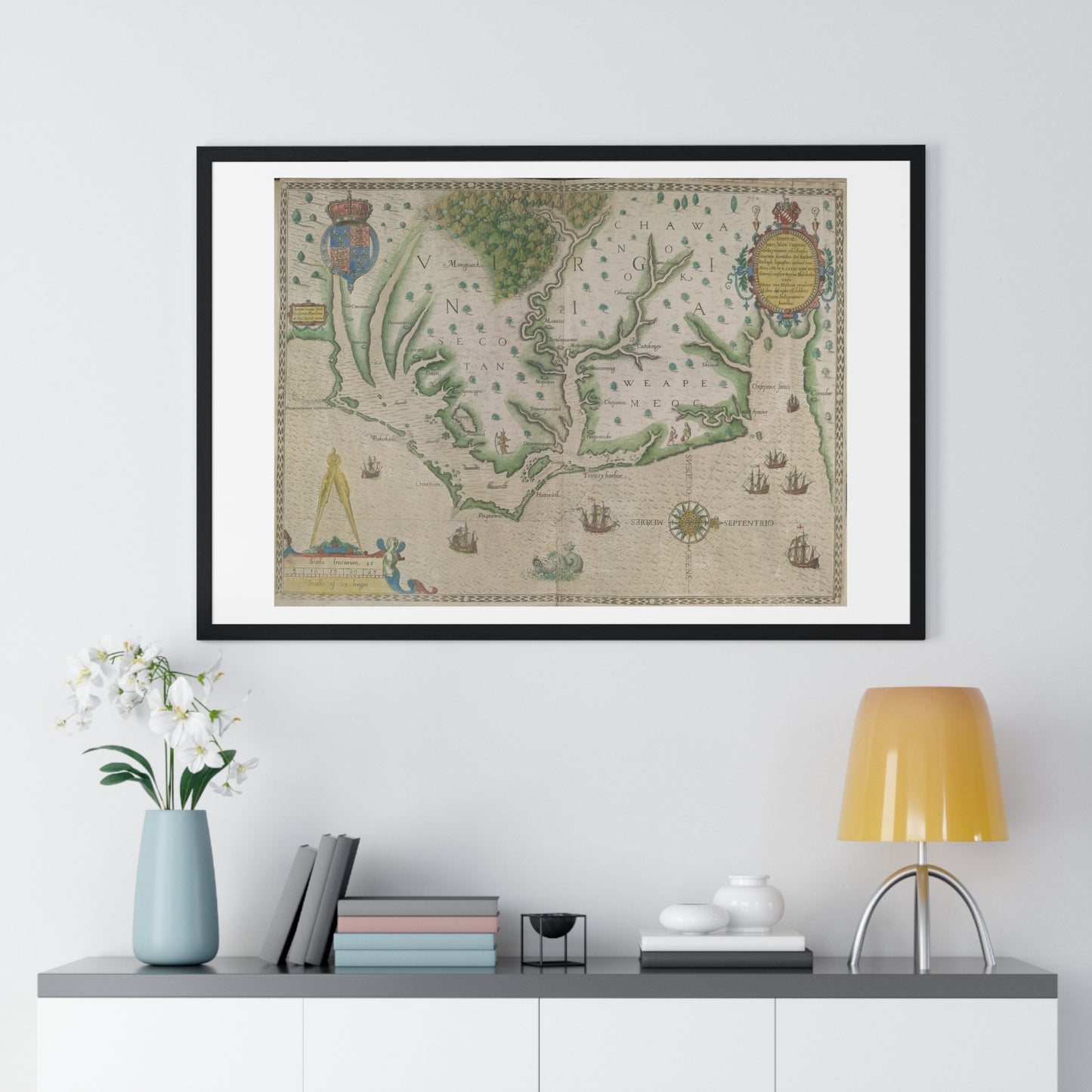 Engraved Map of Virginia (1618) Showing the Arrival of Sir Walter Raleigh's Expedition, from the Original, Framed Print