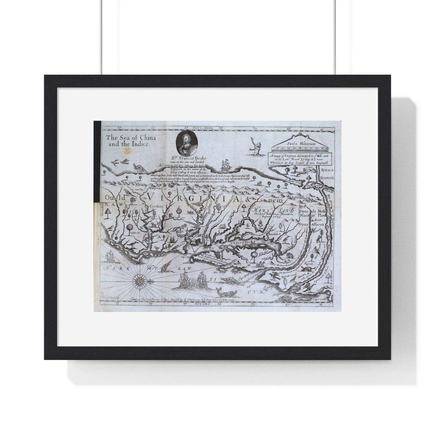 Antique Map of Virginia 'The Discovery of New Brittaine' (1651) from the Original Drake Manuscript, Framed Print