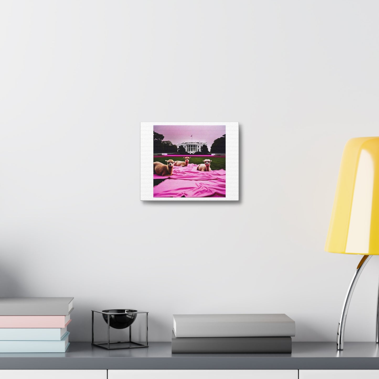We're in the Twilight Zone: Pink Llamas on the White House Lawn 'Designed by AI' Print on Canvas