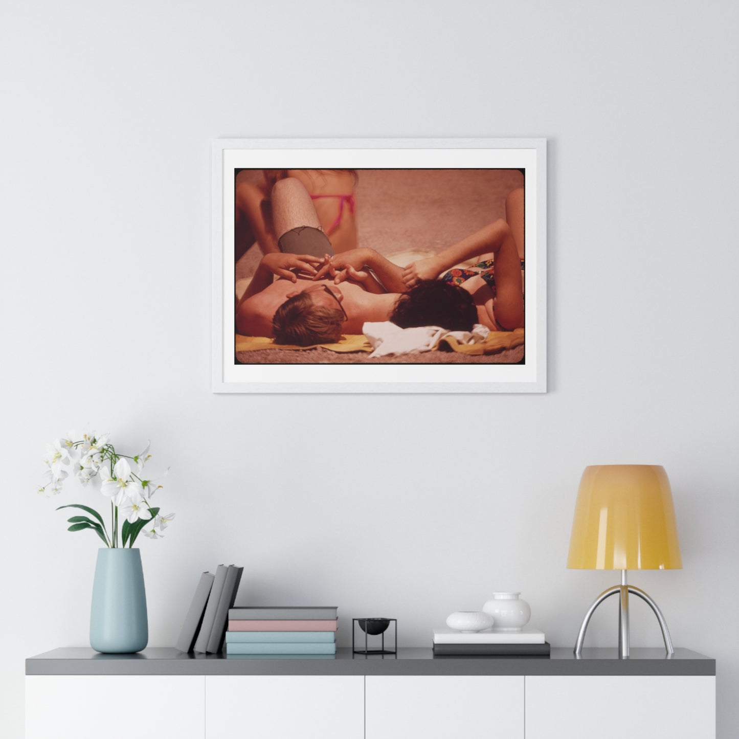 Sunning on the Lake Shore ( 1972) Vintage Photography by Charles O'Rear, Framed Print