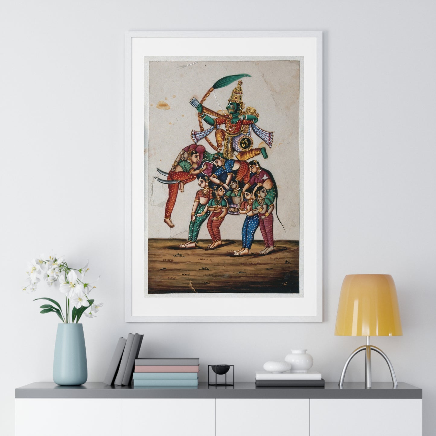 19th Century Indian Art, Hindu God of Love, Shooting Arrows with his Bow while Sitting on a Elephant Composed of Women, Framed Print