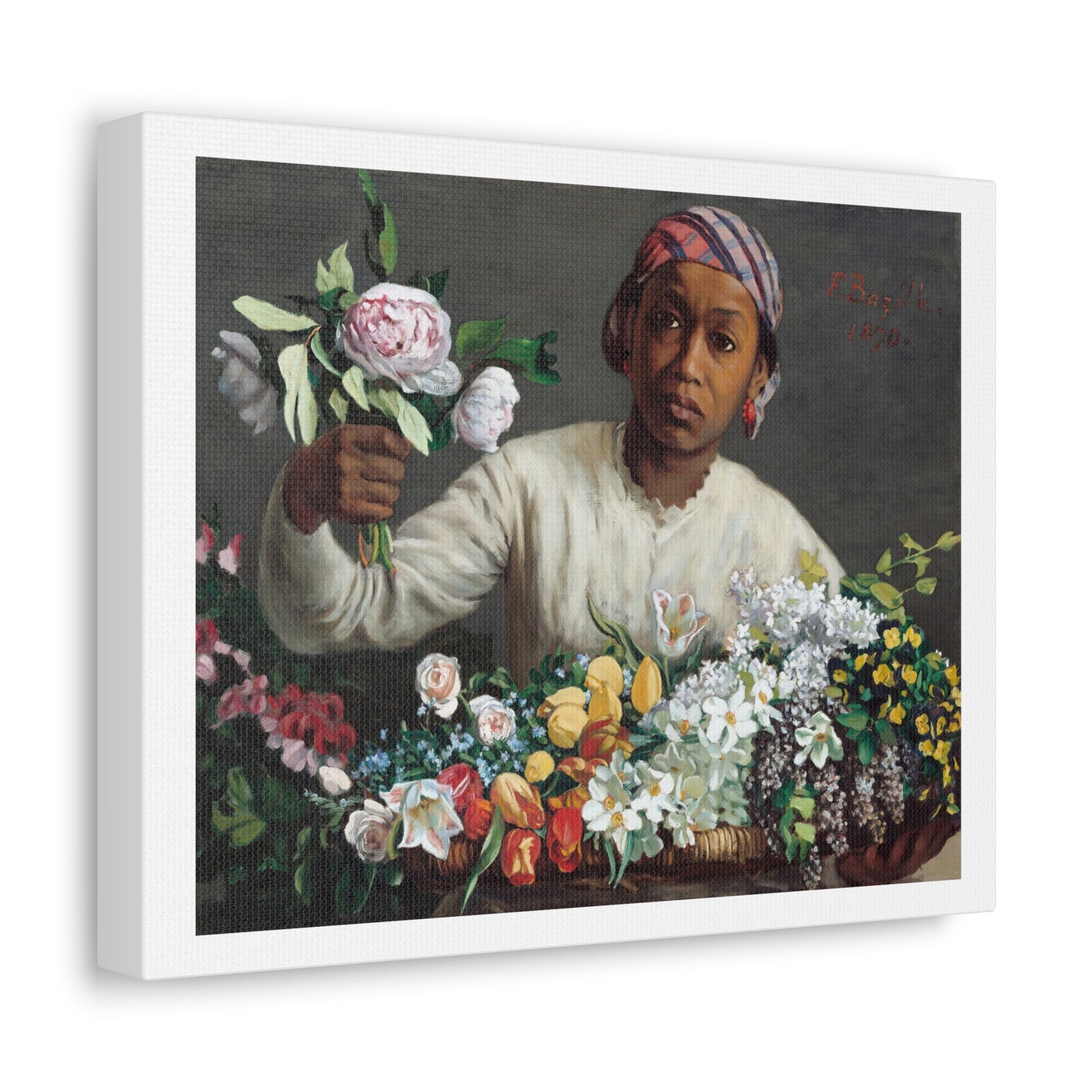 Young Woman with Peonies (1870) by Frédéric Bazille from the Original, Art Print on Canvas
