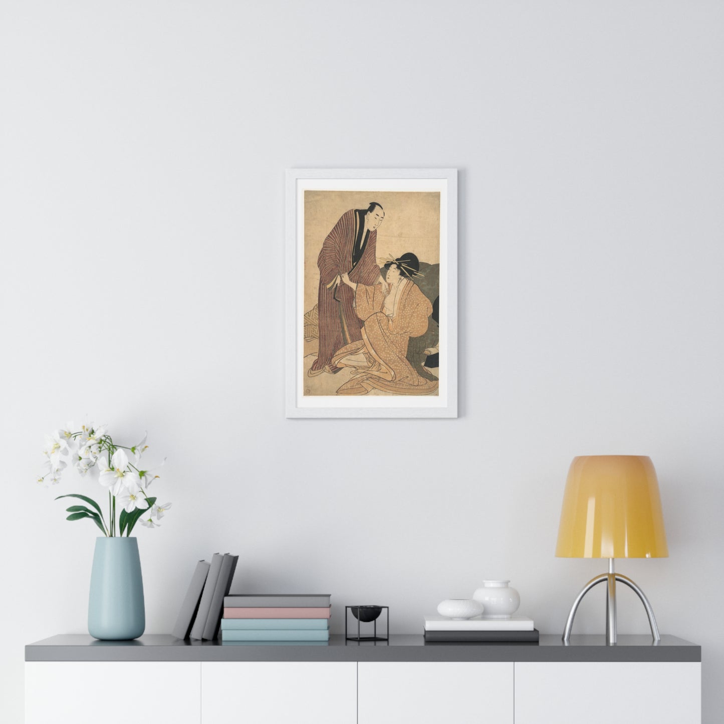 Japanese Vintage Art: Parting of Lovers, the Courtesan and her Lover (circa 1800) by Utamaro Kitagawa, Framed Art Print