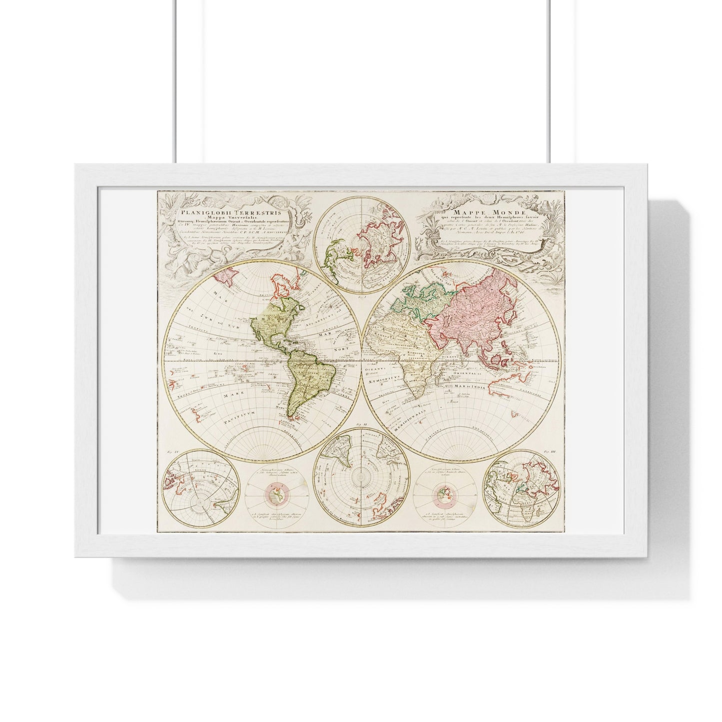 Antique Map of the World, Planiglobii Terrestris, Mappa Universalis (1746) by Johann Baptist, from the Original, Framed Art Print