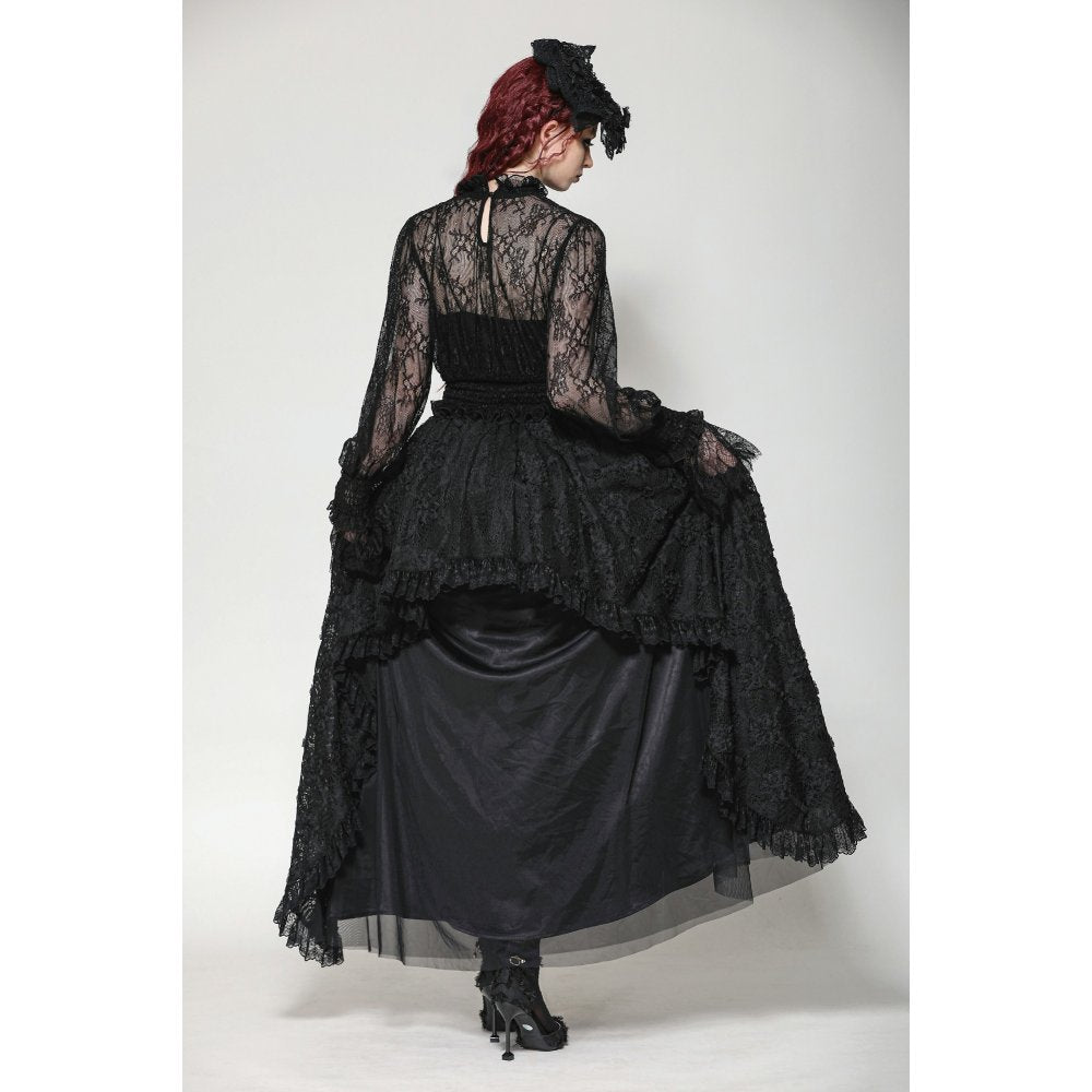 Dark in Love Aoife Black Hollow Lace Elastic Pleated-Waist Eyelash Lace Cuff Top