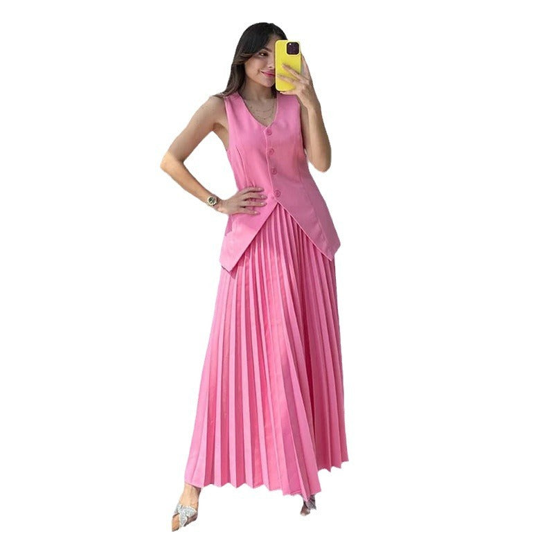 Vireous Tailored Pleated Dress, Elegant Women's Two-Piece Suit