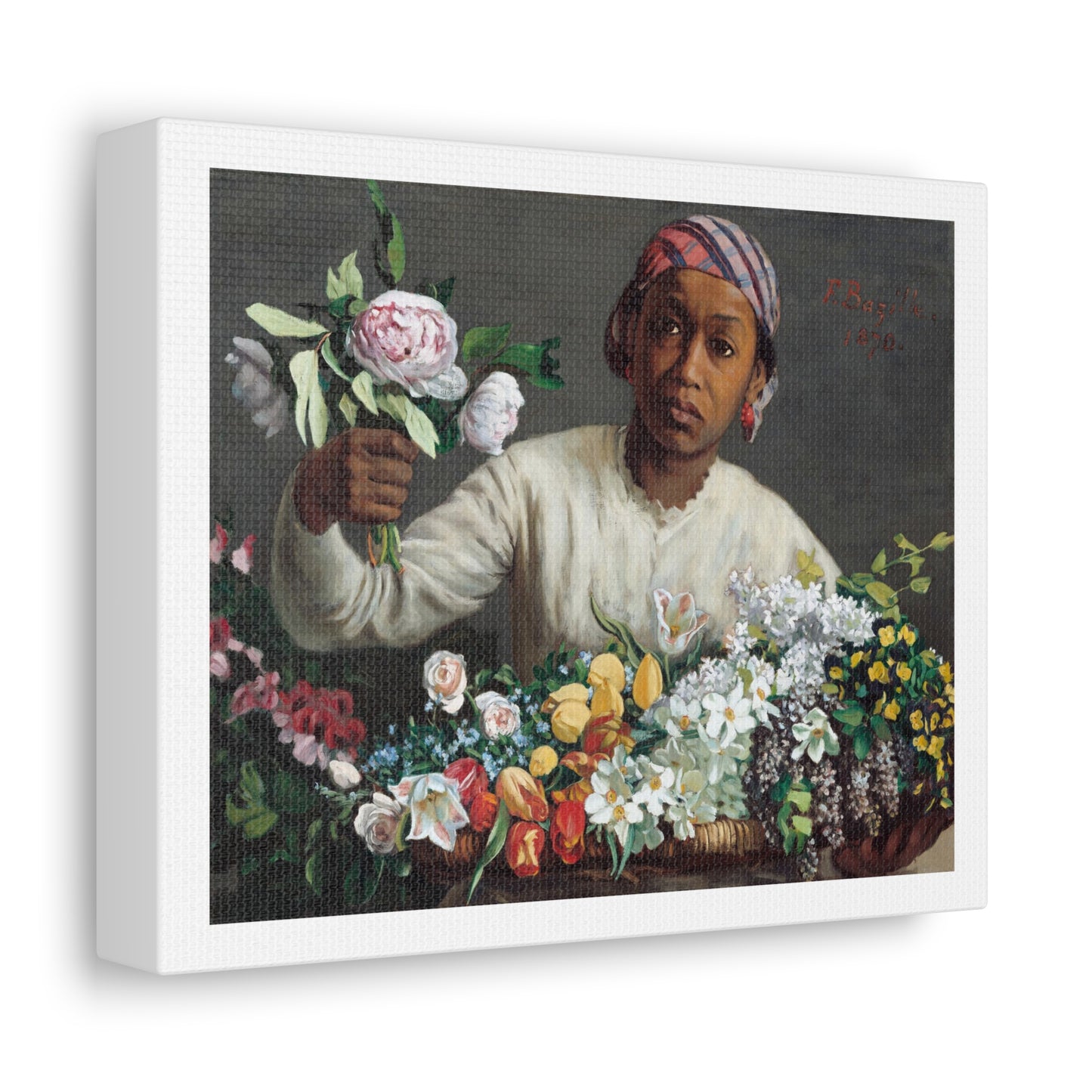 Young Woman with Peonies (1870) by Frédéric Bazille from the Original, Art Print on Canvas