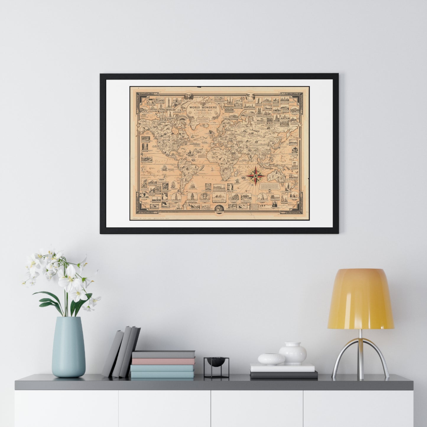 World Wonders, Pictorial Map of the World (1939) by Ernest Dudley Chase, from the Original, Framed Art Print