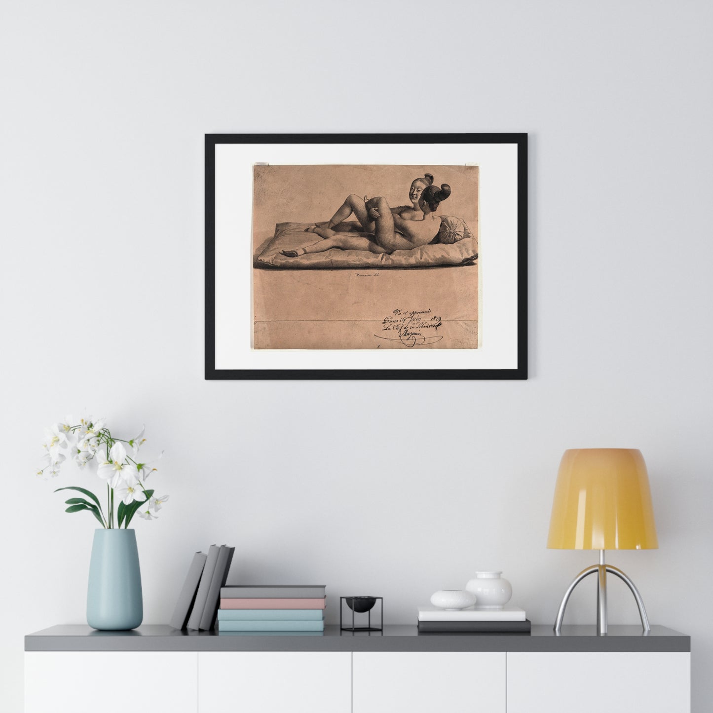 Two Chinese Girls with Bound Feet are Making Love on a Mattress (1829) Lithograph by Jean-Baptiste Mauzaisse, Framed Print