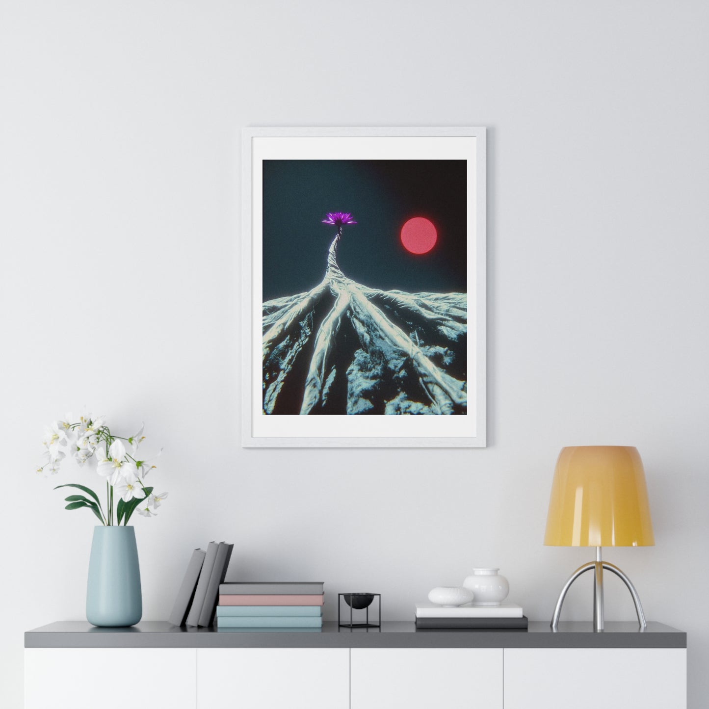 One Purple Flower Growing From Frozen Tundra Against a Red Sun 'Designed by AI' Framed Art Print