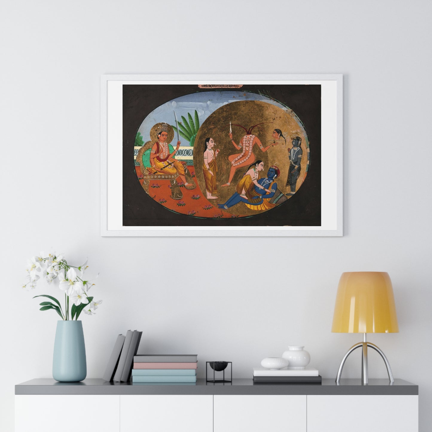 Hindu Deities Shiva, Chhinnamasta, Kamadeva and Rati, 19th Century Gouache Painting by an Indian Artist, Framed Print