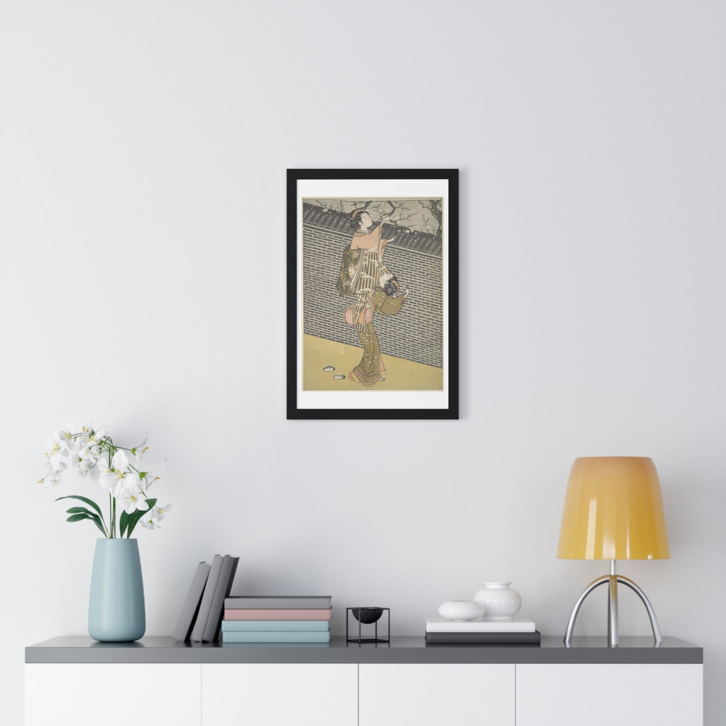 Plucking a Branch from a Neighbour's Plum Tree (1768) Japanese Illustration by Suzuki Harunobu, from the Original, Framed Print